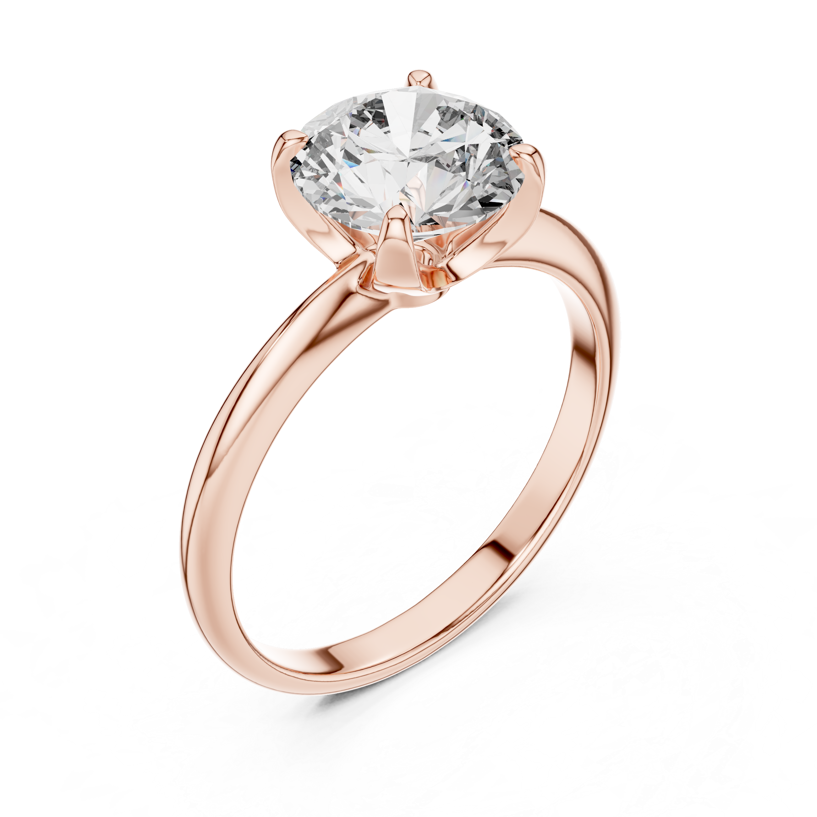 Rose gold ring with a large diamond on a white background